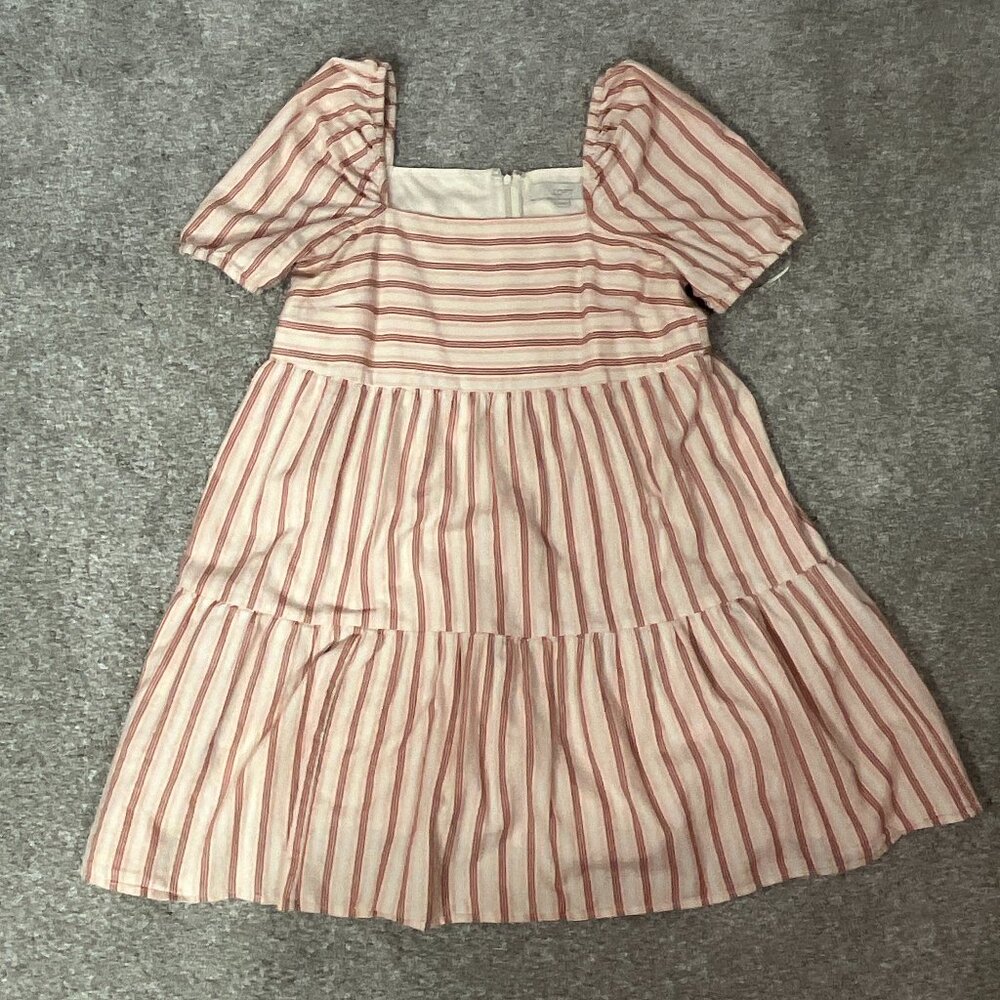 Loft Puff Sleeve Mini Dress Womens 4 Square Neck Cottage Babydoll Striped Tiered
